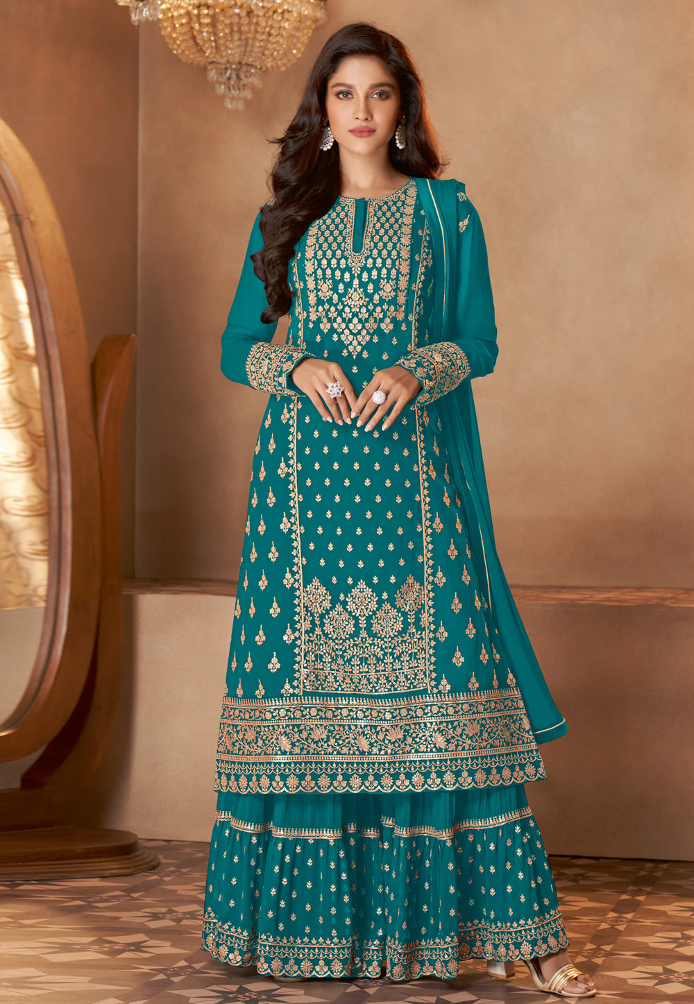 Turquoise Georgette Sharara Suit 235044