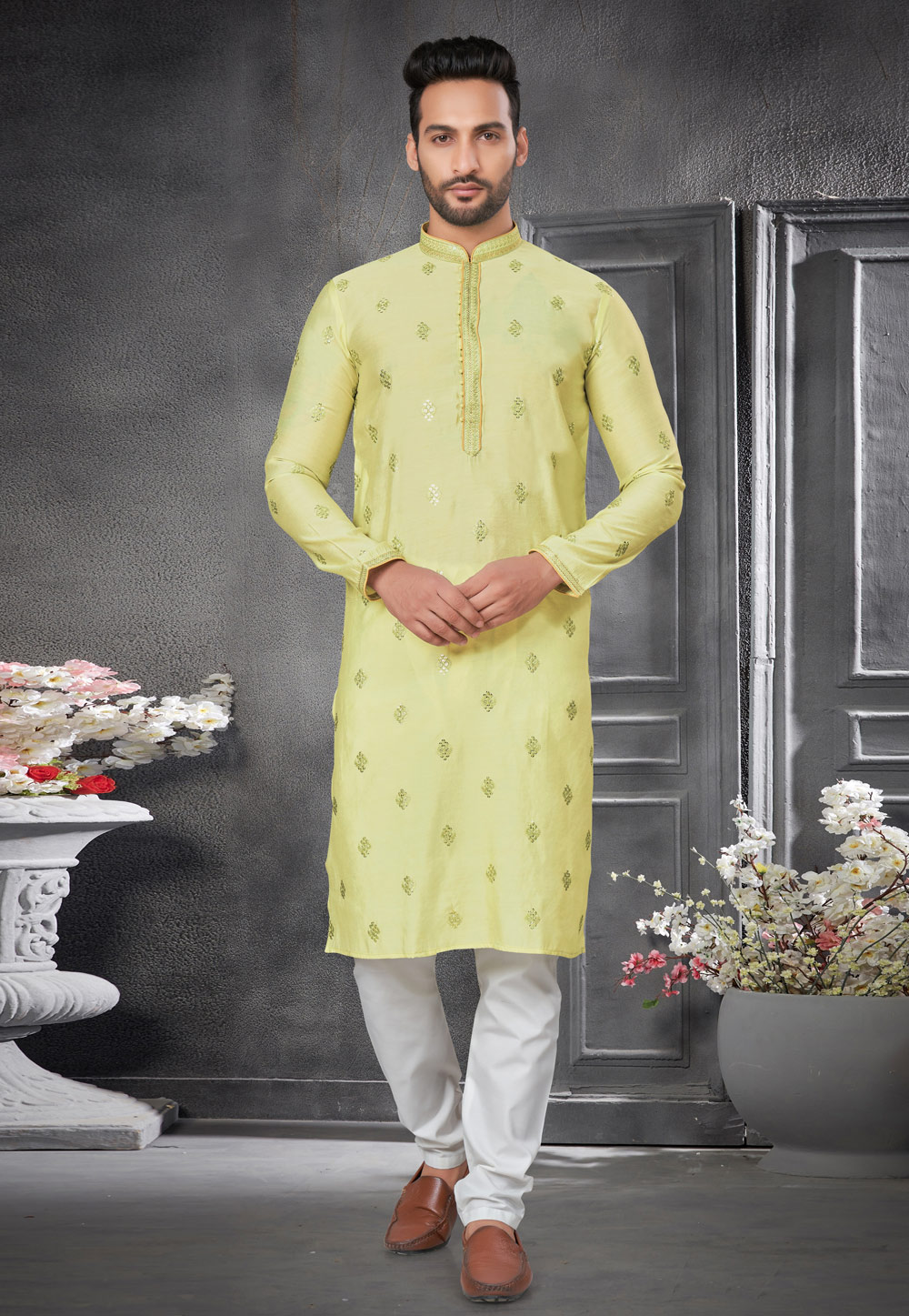 Light Yellow Cotton Silk Kurta Pajama 276700