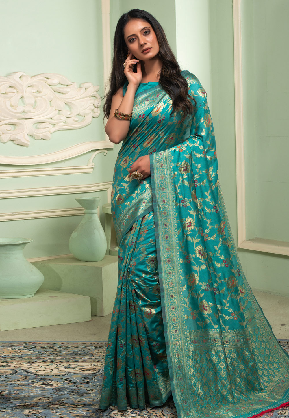 Turquoise Silk Saree With Blouse 277363