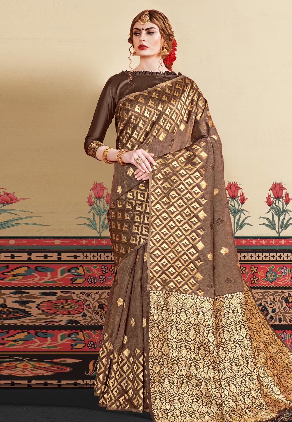 Brown Linen Festival Wear Saree 195414