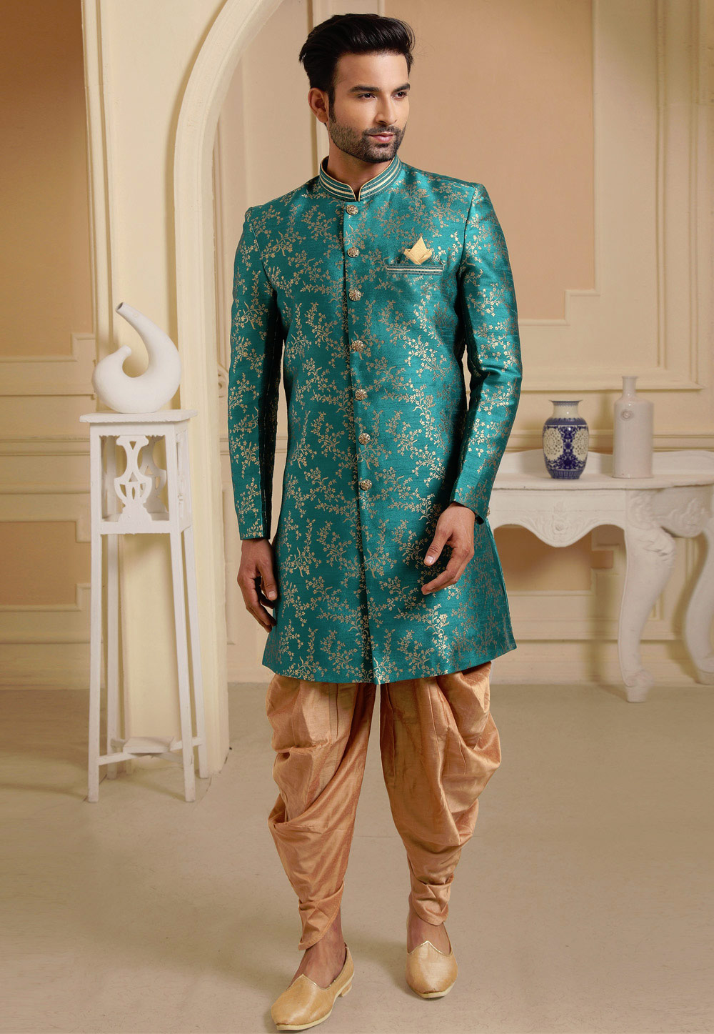 Sea Green Jacquard Silk Indo Western Suit 237731