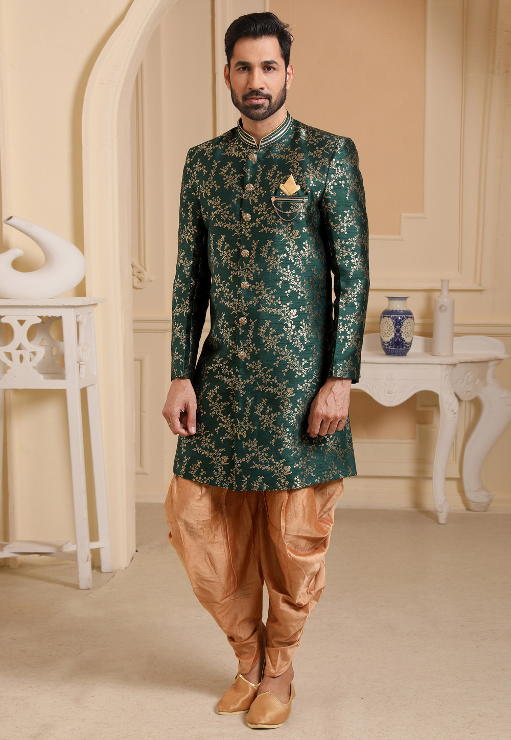Green Jacquard Silk Indo Western Suit 237733