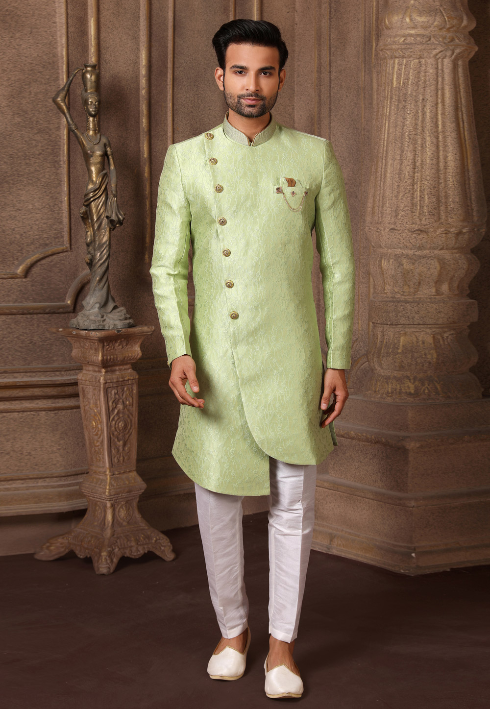 Pista Green Jacquard Silk Indo Western Suit 237735