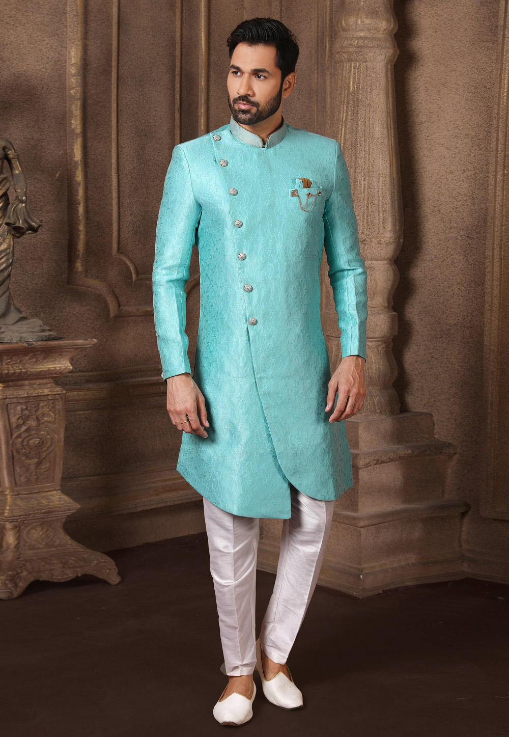 Sky Blue Jacquard Silk Indo Western Suit 237736