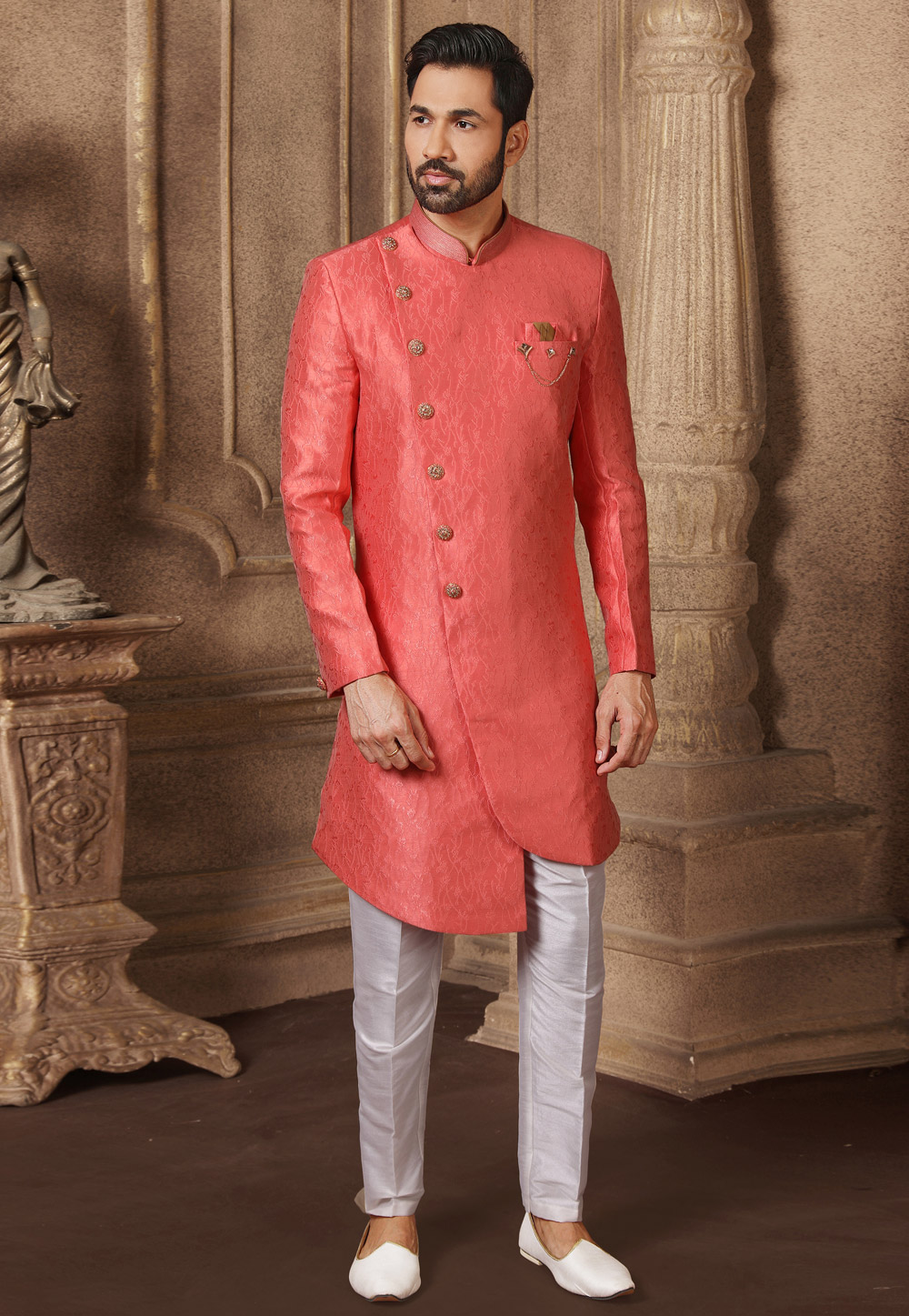 Pink Jacquard Silk Indo Western Suit 237737