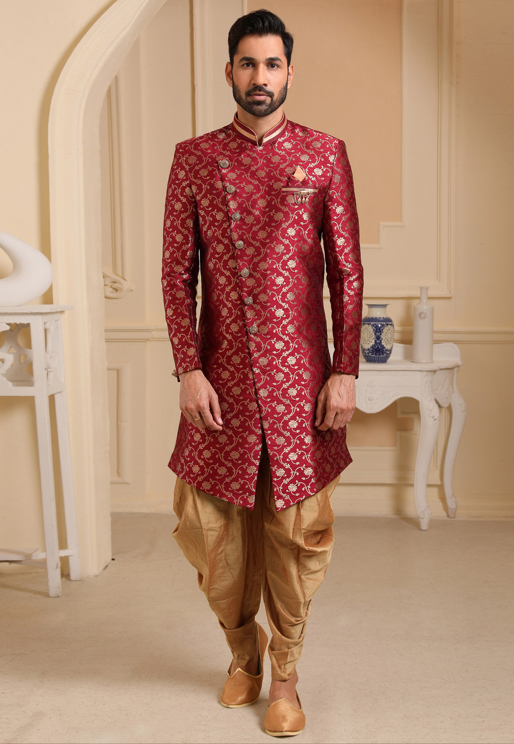 Maroon Jacquard Silk Indo Western Suit 237738