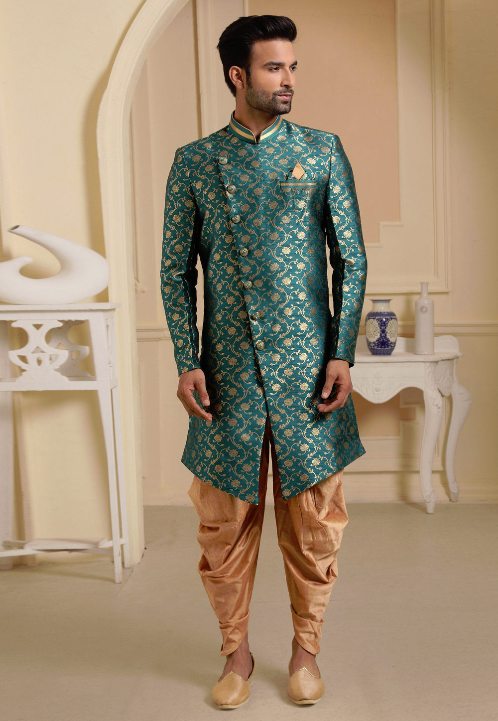Teal Jacquard Silk Indo Western Suit 237739