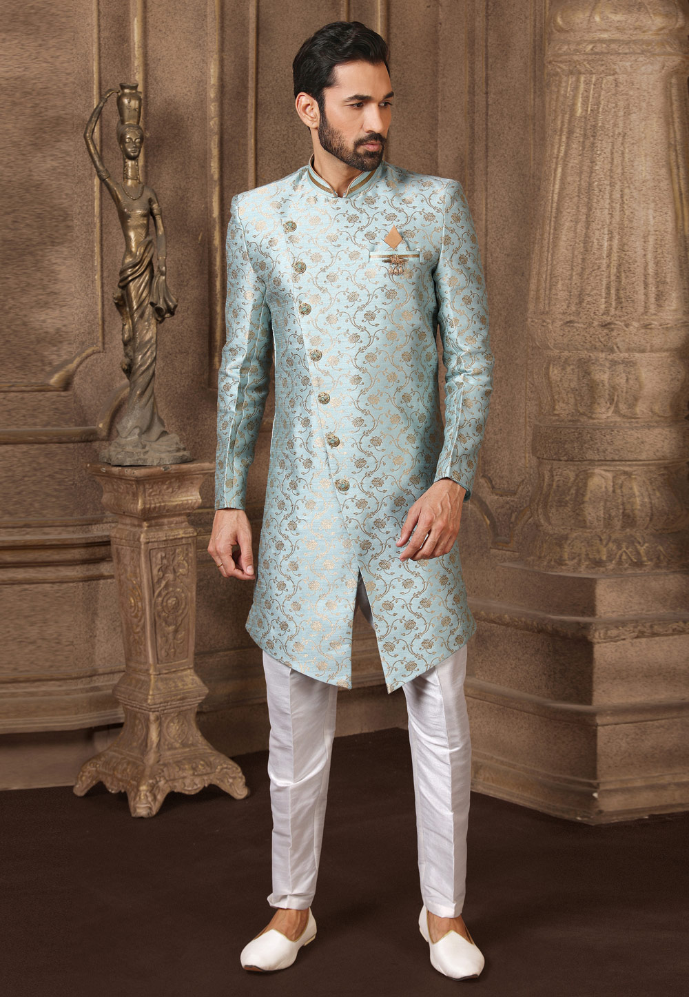 Sky Blue Jacquard Silk Indo Western Suit 237741
