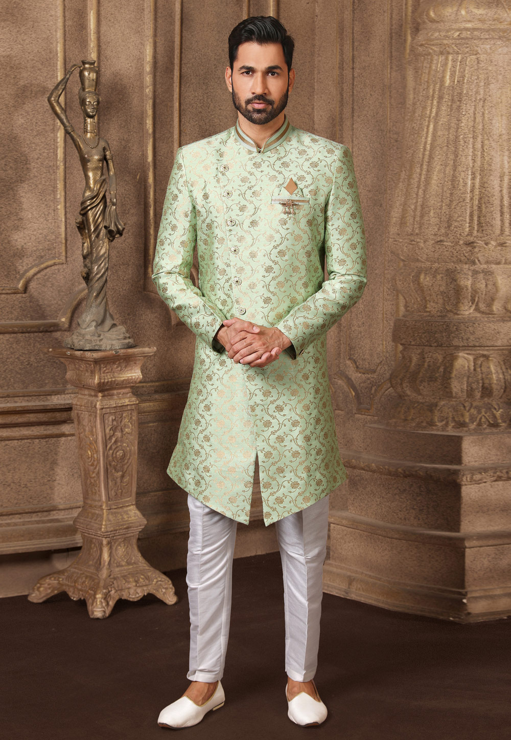 Pista Green Jacquard Silk Indo Western Suit 237742