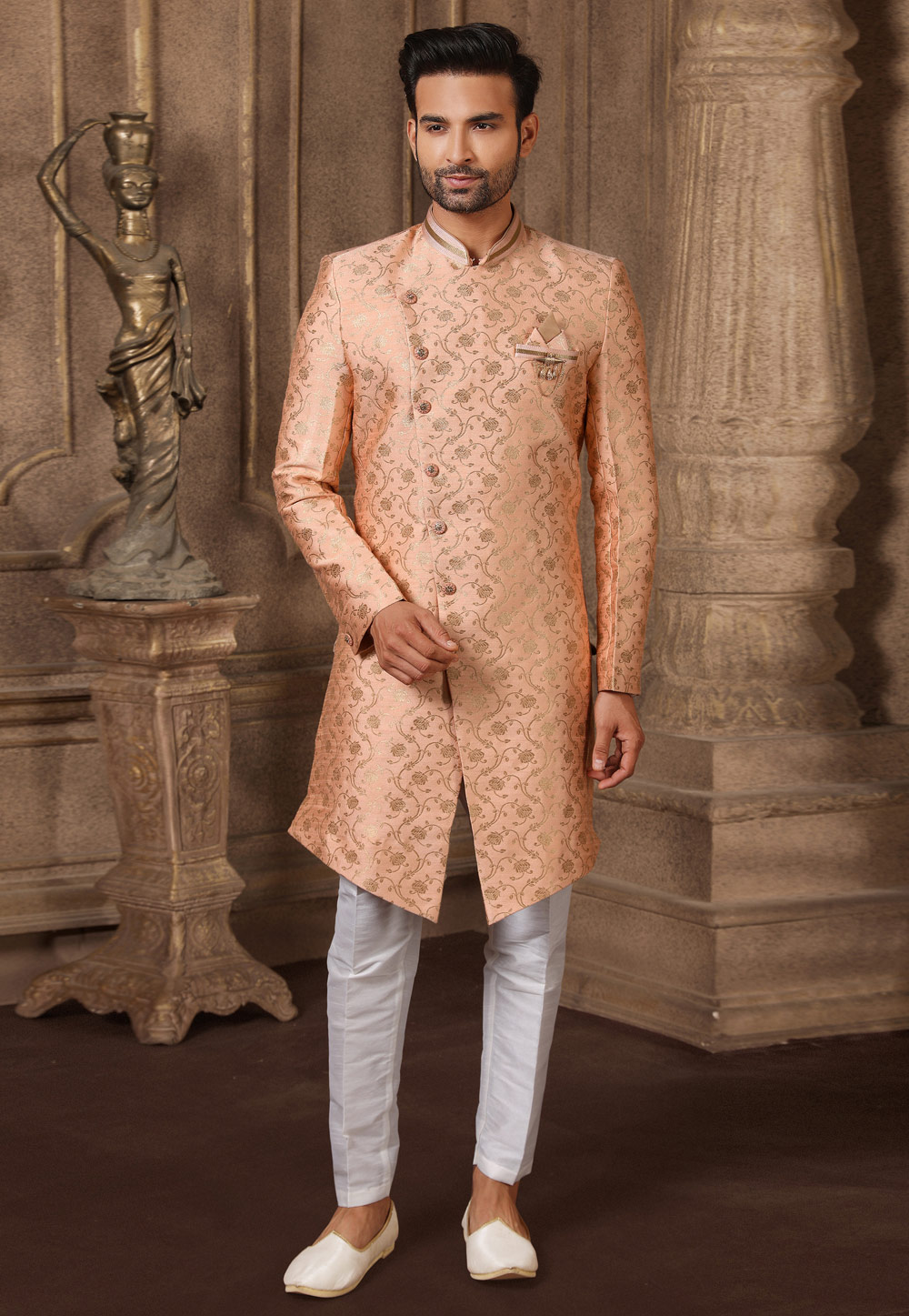 Peach Jacquard Silk Indo Western Suit 237743