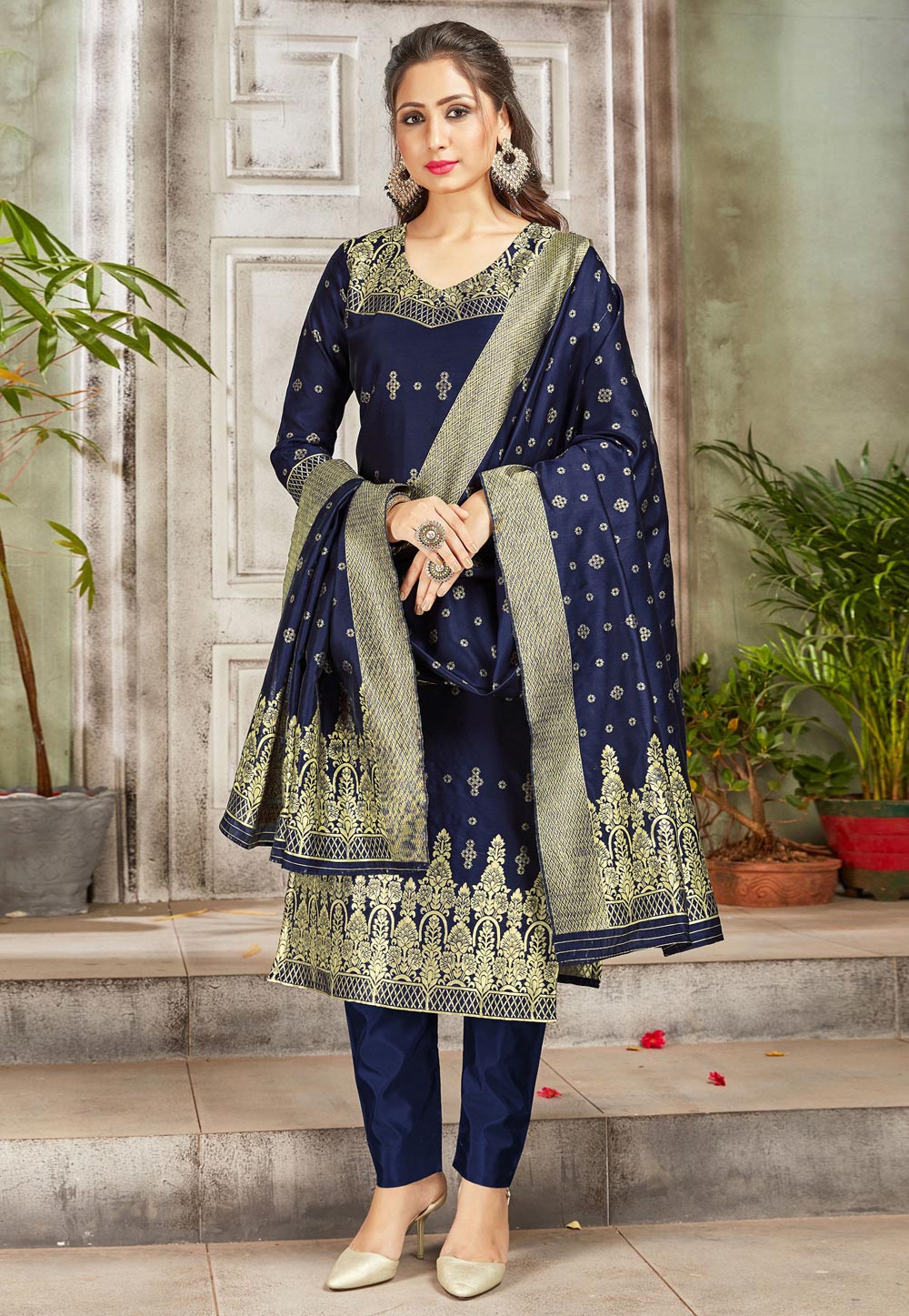 Navy Blue Banarasi Pant Style Suit 233208