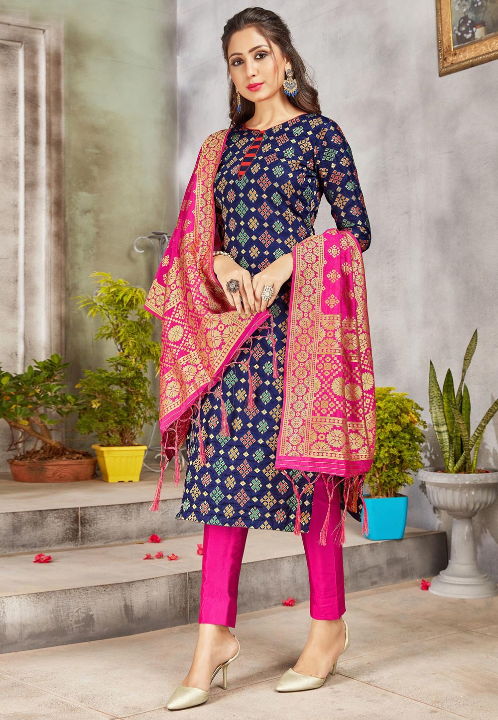 Navy Blue Banarasi Pant Style Suit 233222