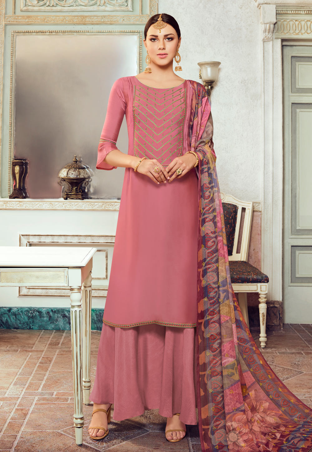 Pink Georgette Kameez With Palazzo 218949