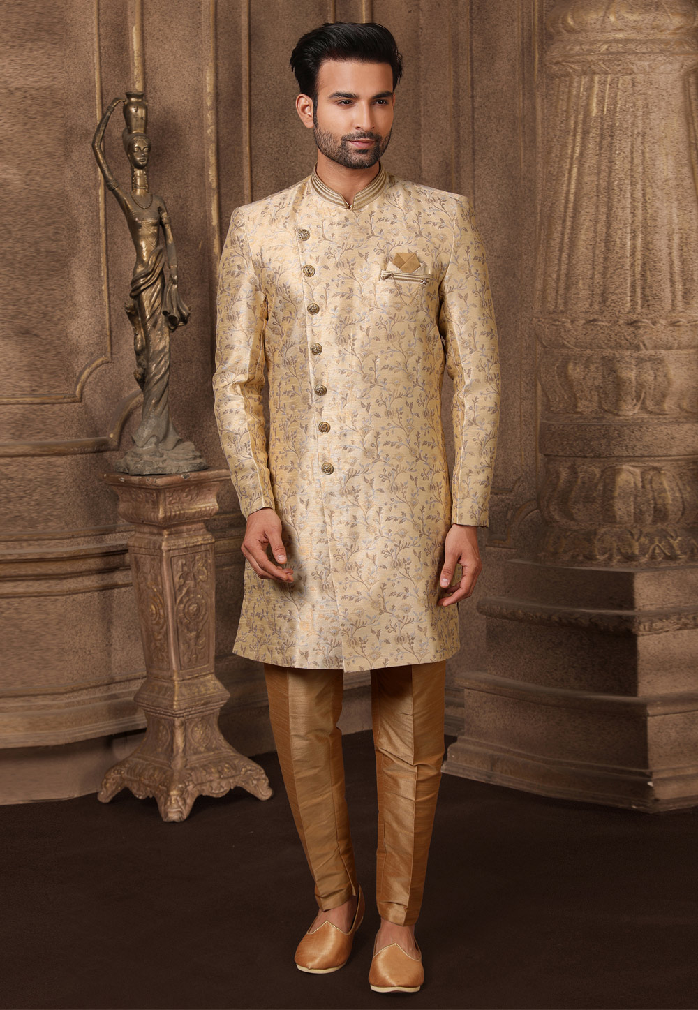 Beige Jacquard Silk Indo Western Suit 237747
