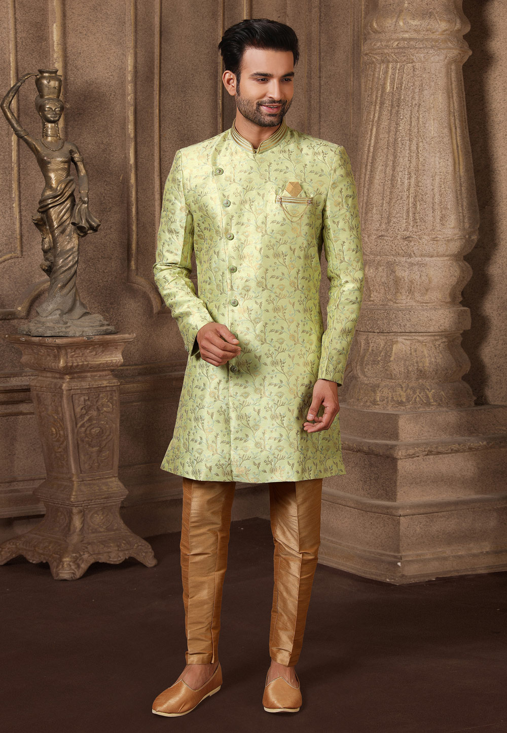 Light Green Jacquard Silk Indo Western Suit 237748