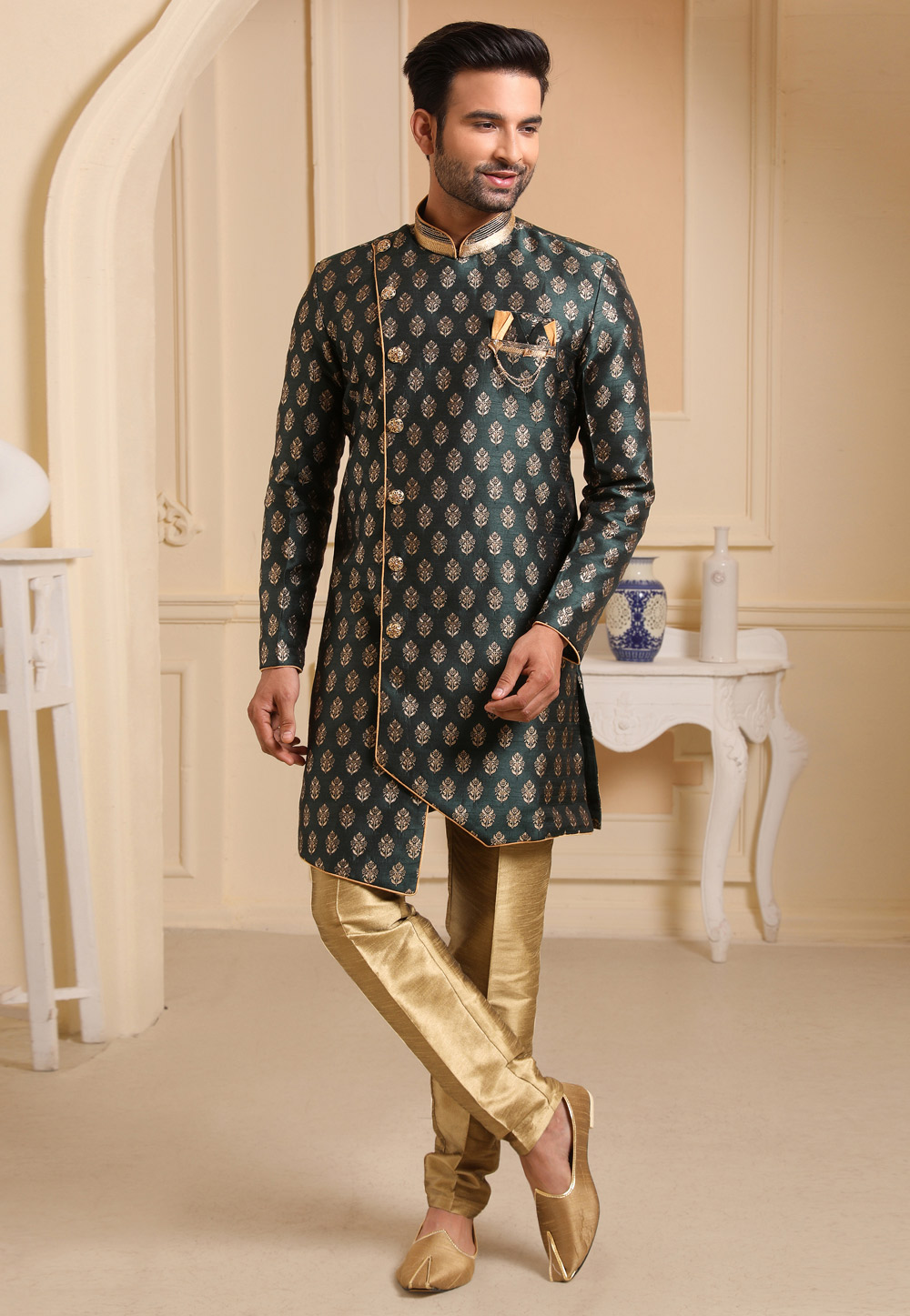 Green Jacquard Silk Indo Western Suit 237751
