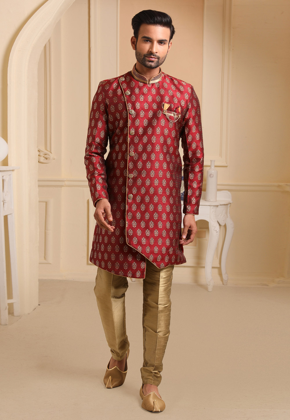Maroon Jacquard Silk Indo Western Suit 237752