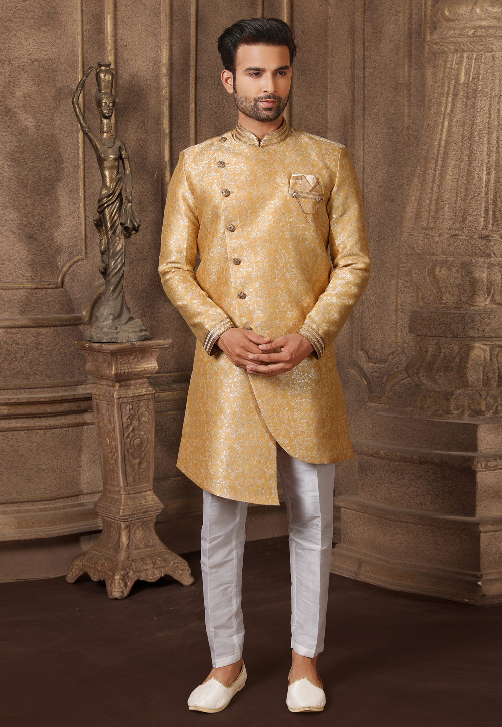 Golden Jacquard Silk Indo Western Suit 237753