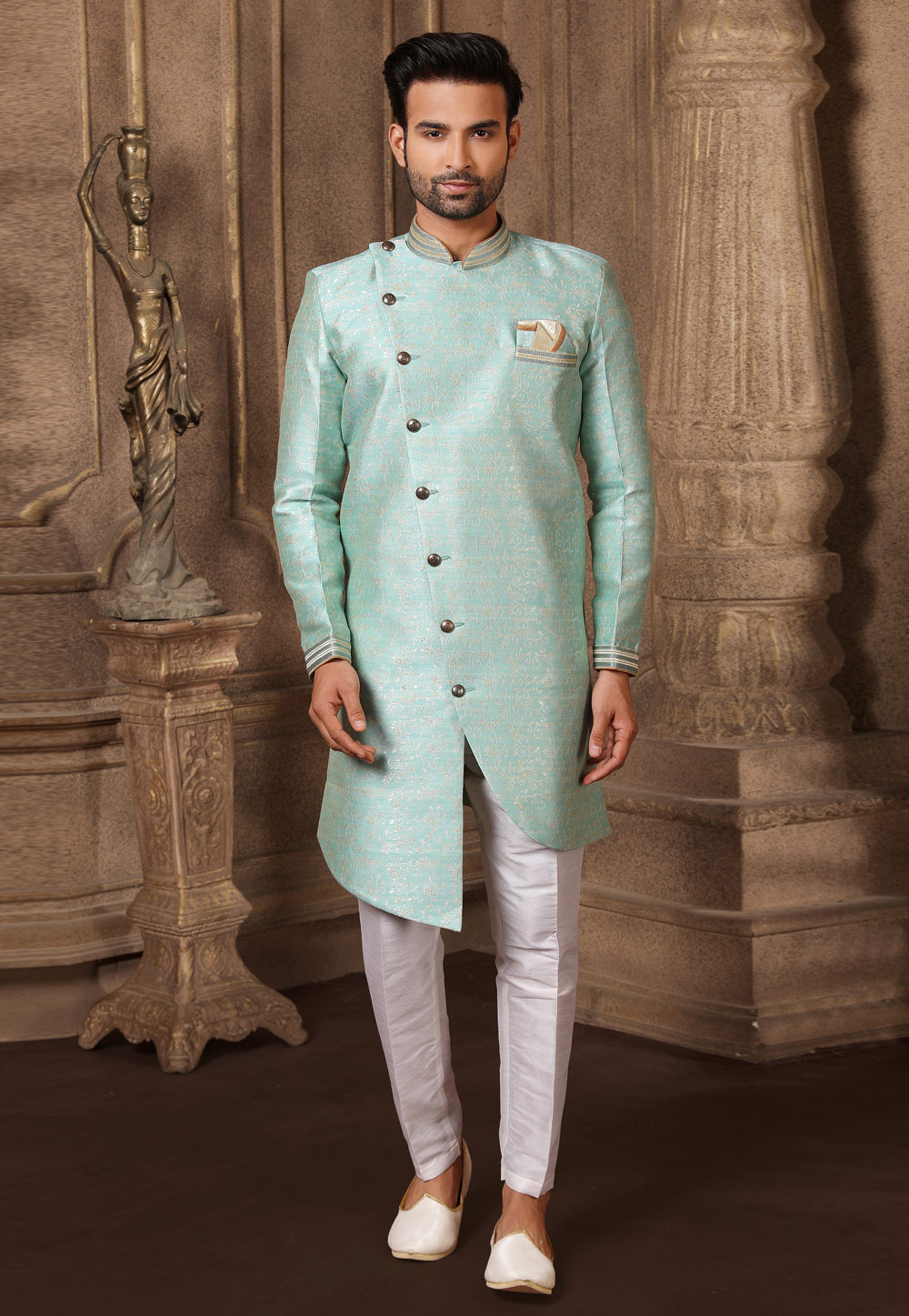 Sky Blue Jacquard Silk Indo Western Suit 237754