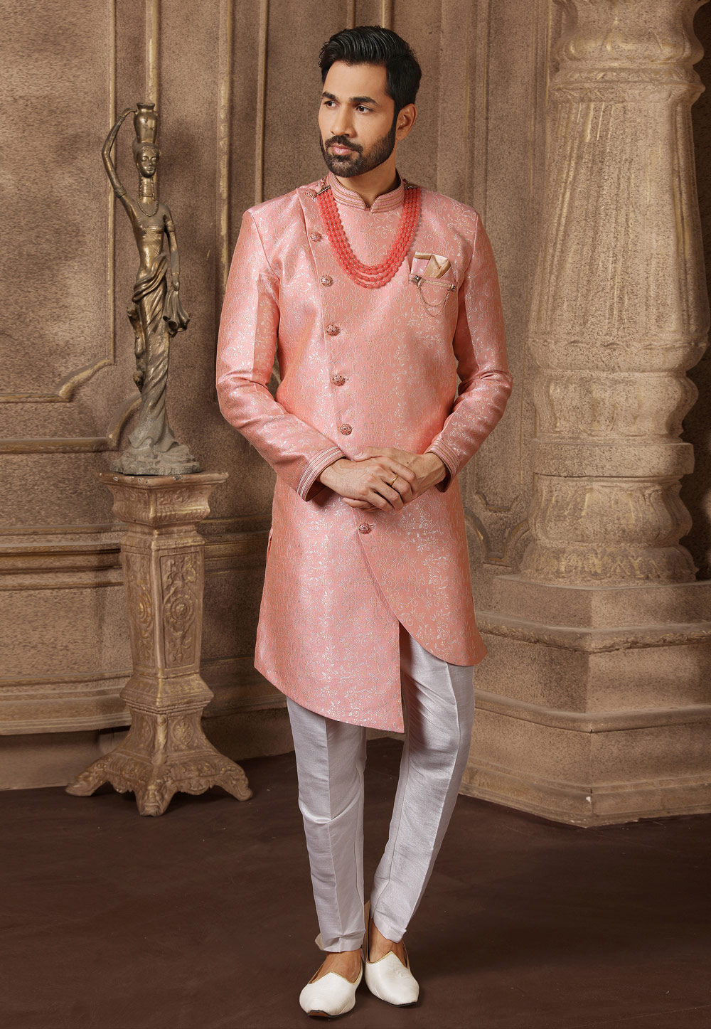 Pink Jacquard Silk Indo Western Suit 237755
