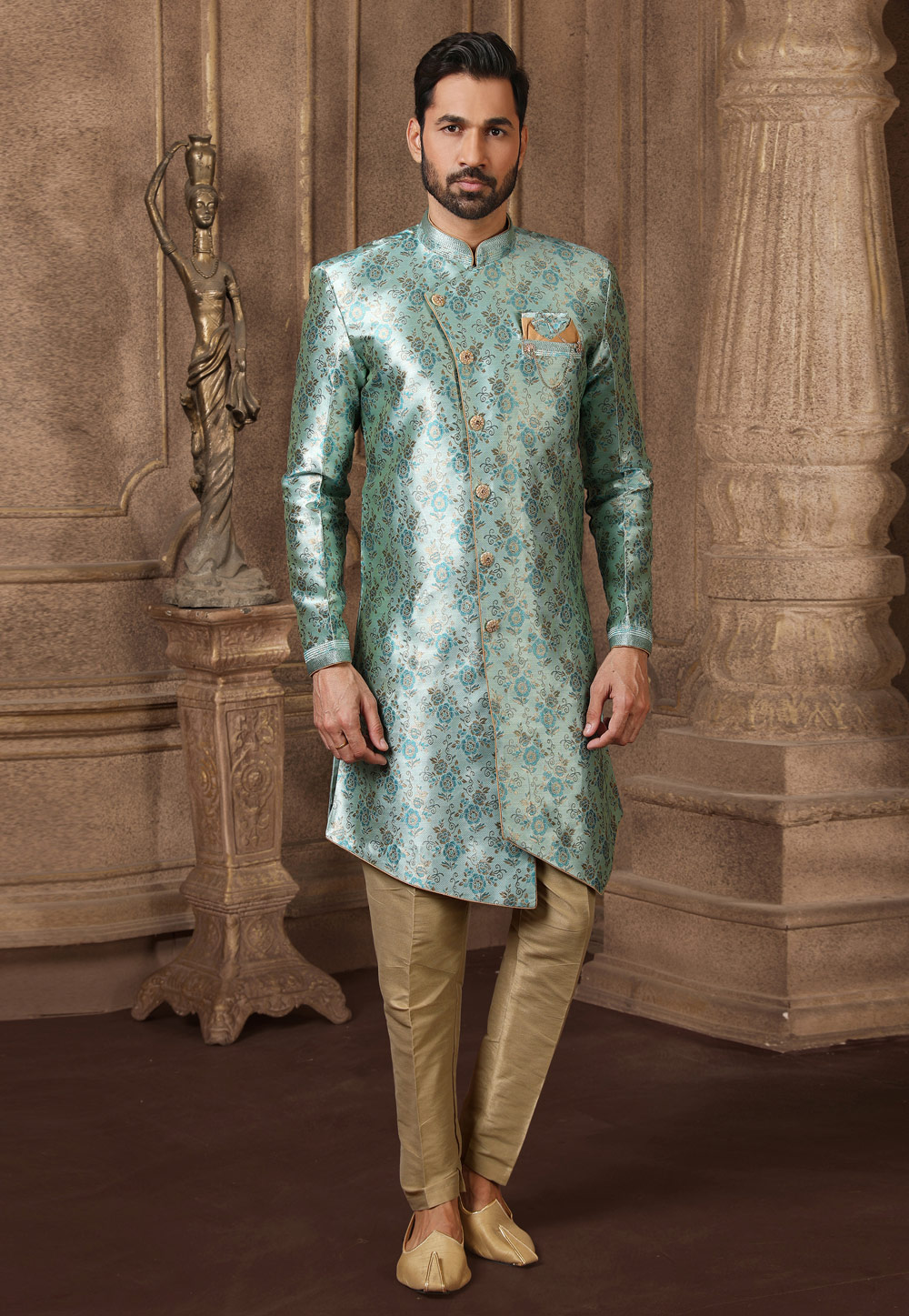 Sea Green Jacquard Silk Indo Western Suit 237756