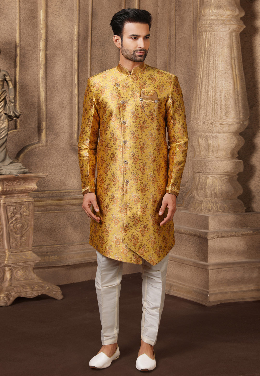 Yellow Jacquard Silk Indo Western Suit 237758