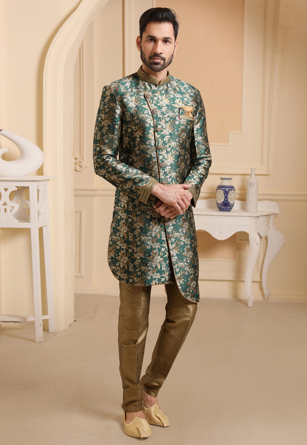 Green Jacquard Silk Indo Western Suit 237760