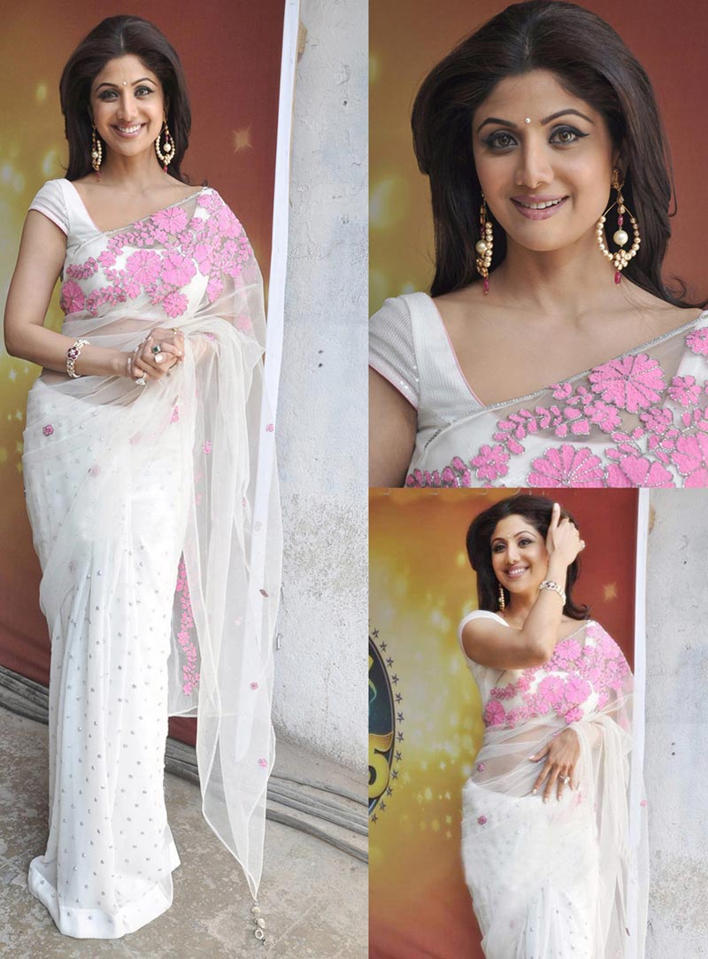 Shilpa White and Pink Bollywood Net Saree 25966