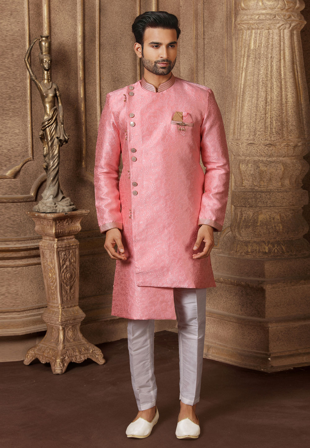 Pink Jacquard Silk Indo Western Suit 237762