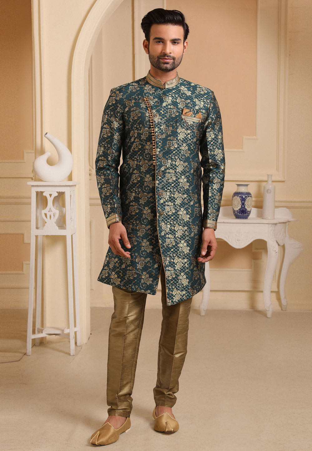 Green Jacquard Silk Indo Western Suit 237765