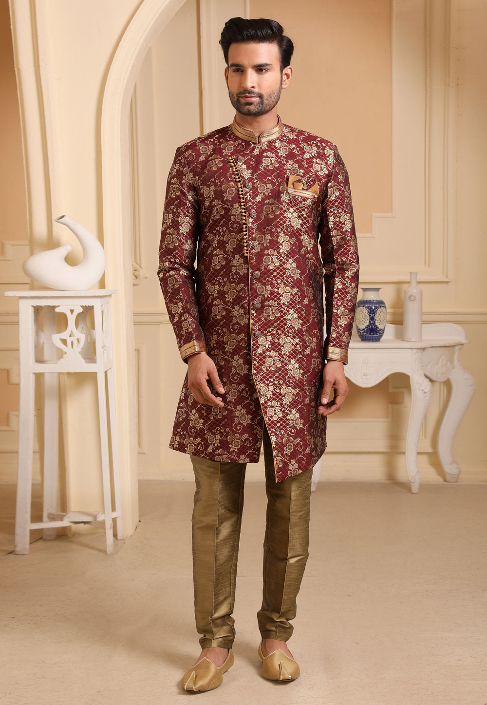 Maroon Jacquard Silk Indo Western Suit 237766