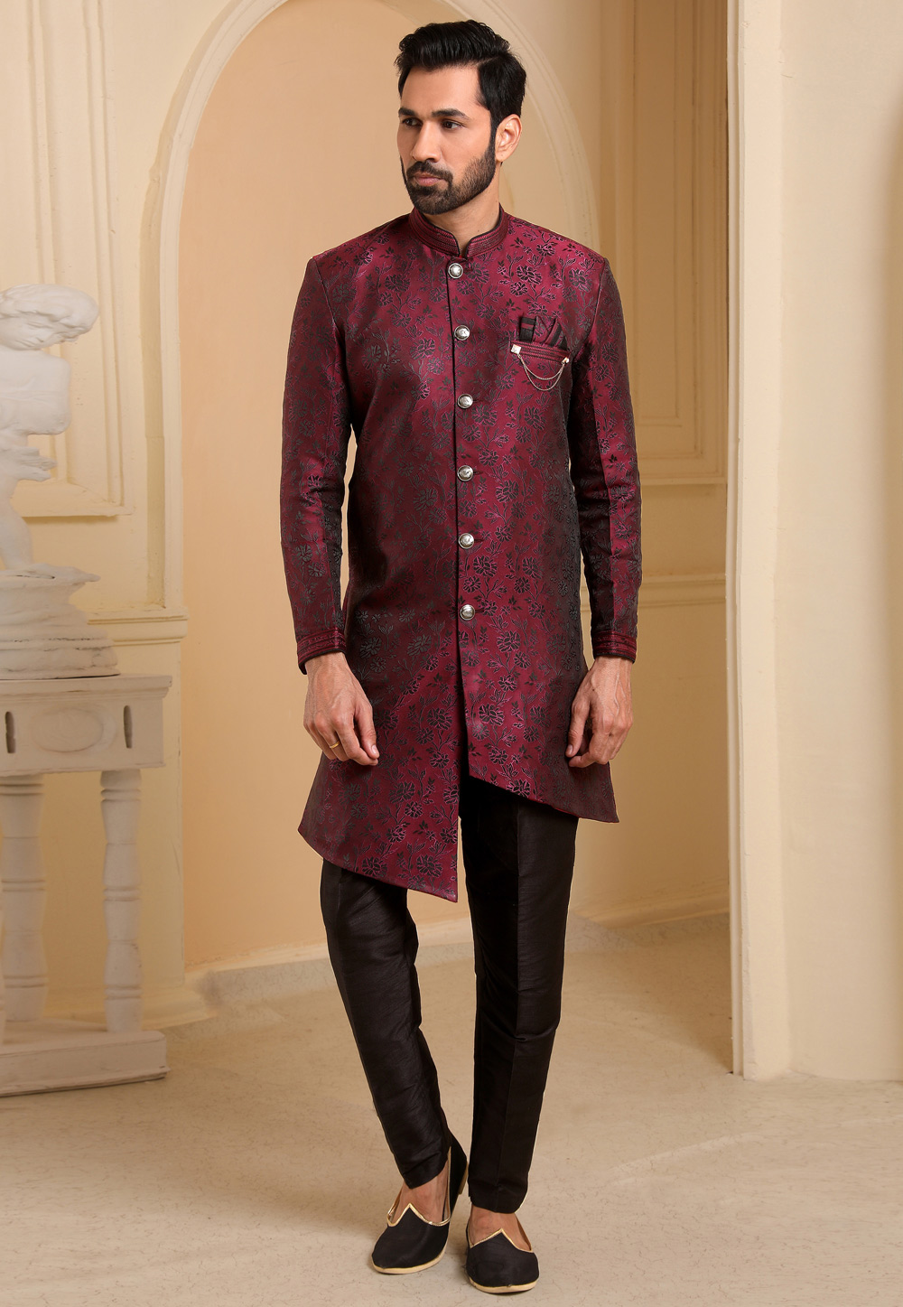 Magenta Jacquard Silk Indo Western Suit 237769
