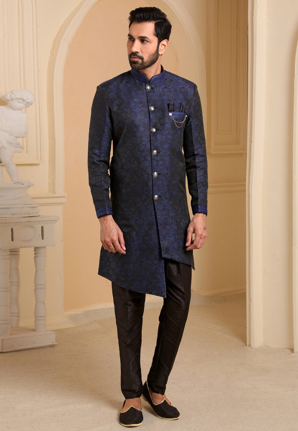Navy Blue Jacquard Silk Indo Western Suit 237770