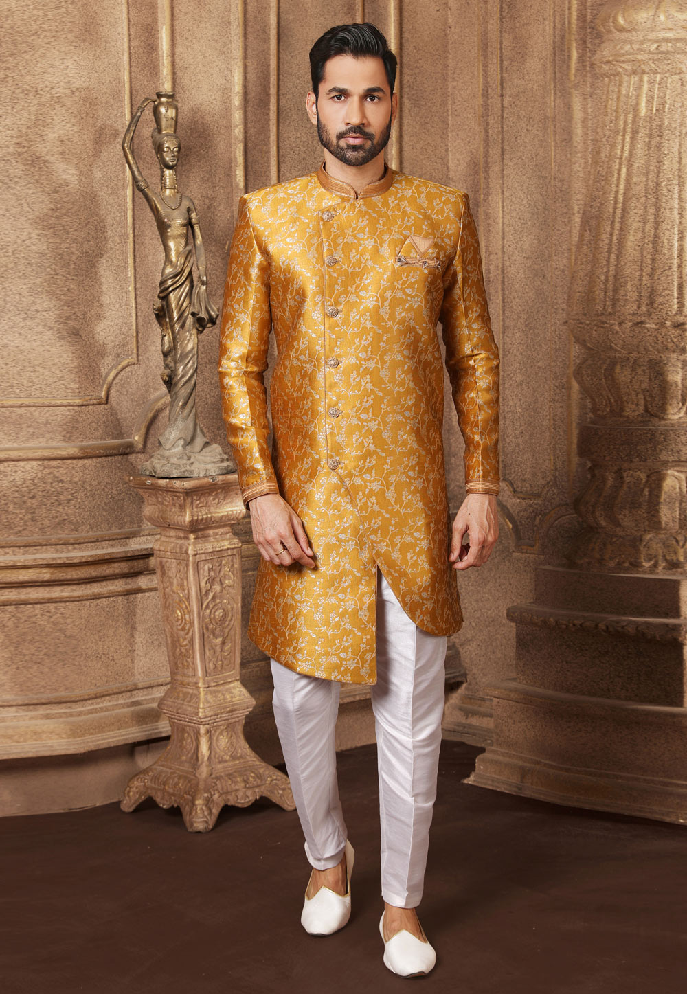 Mustard Jacquard Silk Indo Western Suit 237771