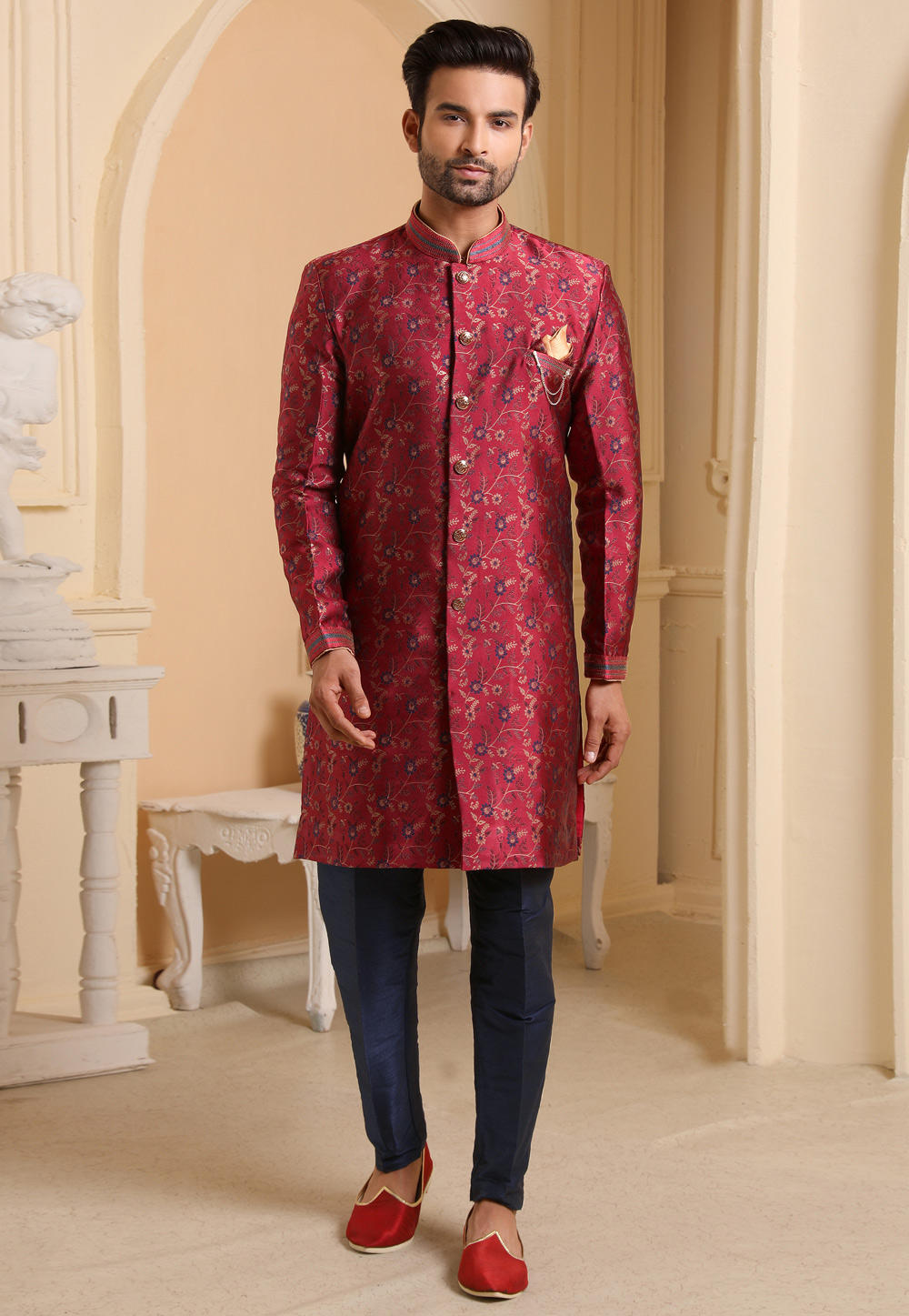 Maroon Jacquard Silk Indo Western Suit 237776