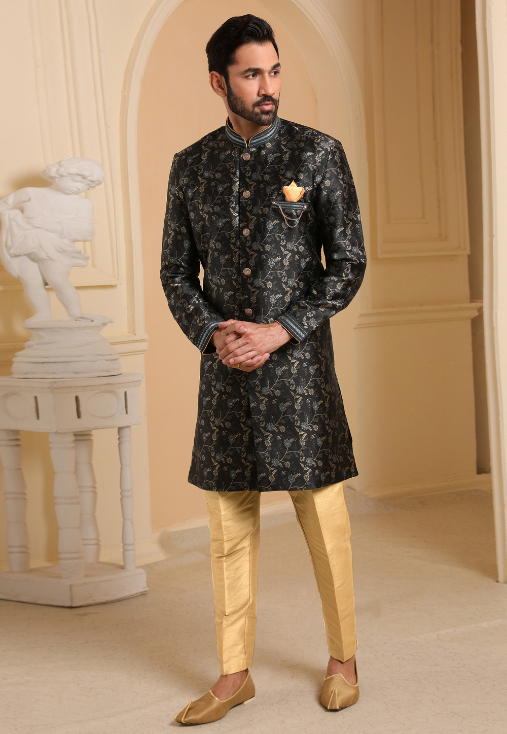 Black Jacquard Silk Indo Western Suit 237777