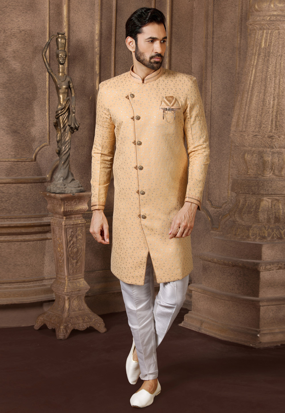 Beige Jacquard Silk Indo Western Suit 237779