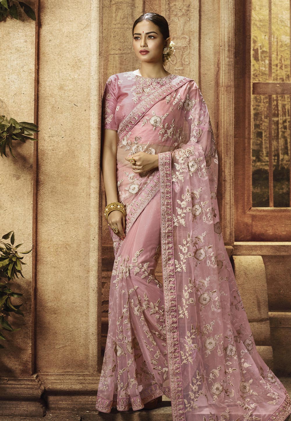 Pink Net Embroidered Saree With Blouse 195781