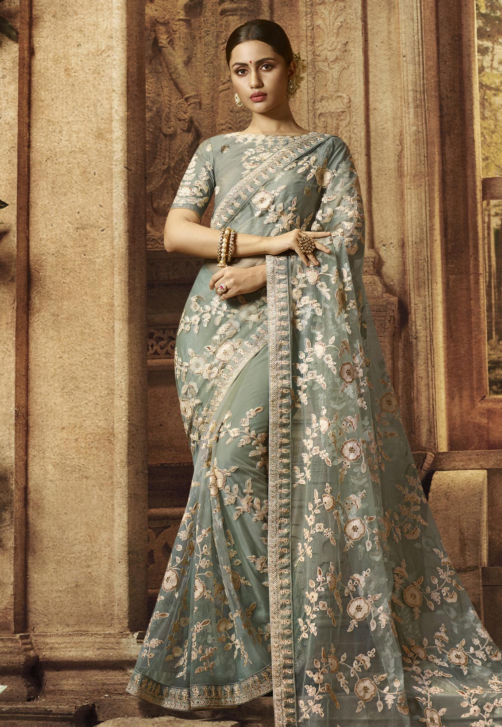Grey Net Embroidered Festival Wear Saree 195782