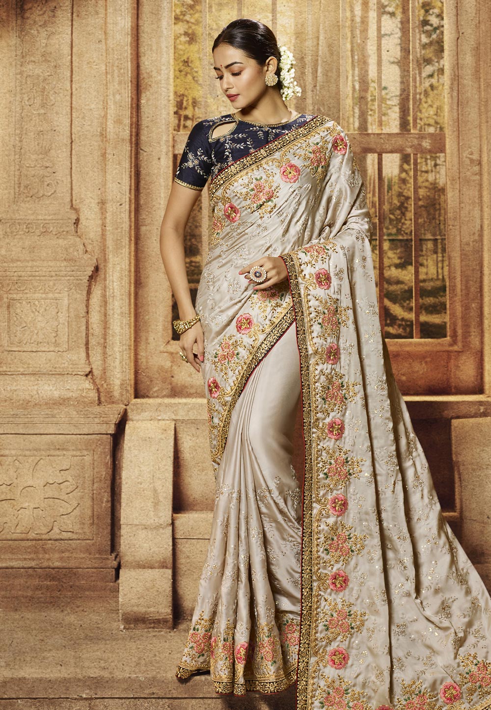 Grey Satin Embroidered Party Wear Saree 195783