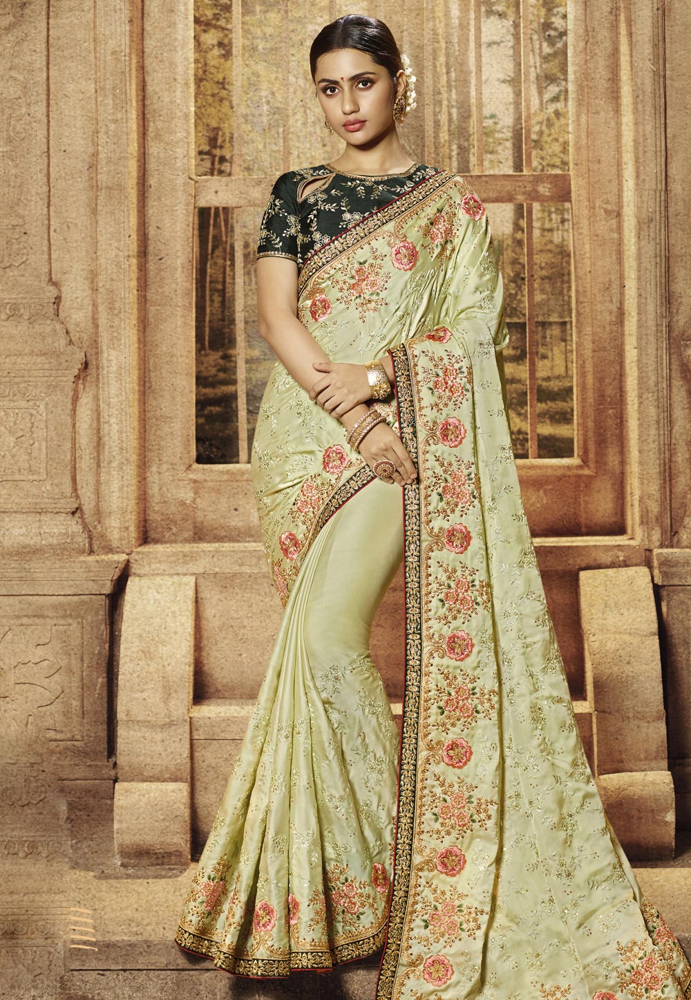 Pista Green Satin Embroidered Party Wear Saree 195784