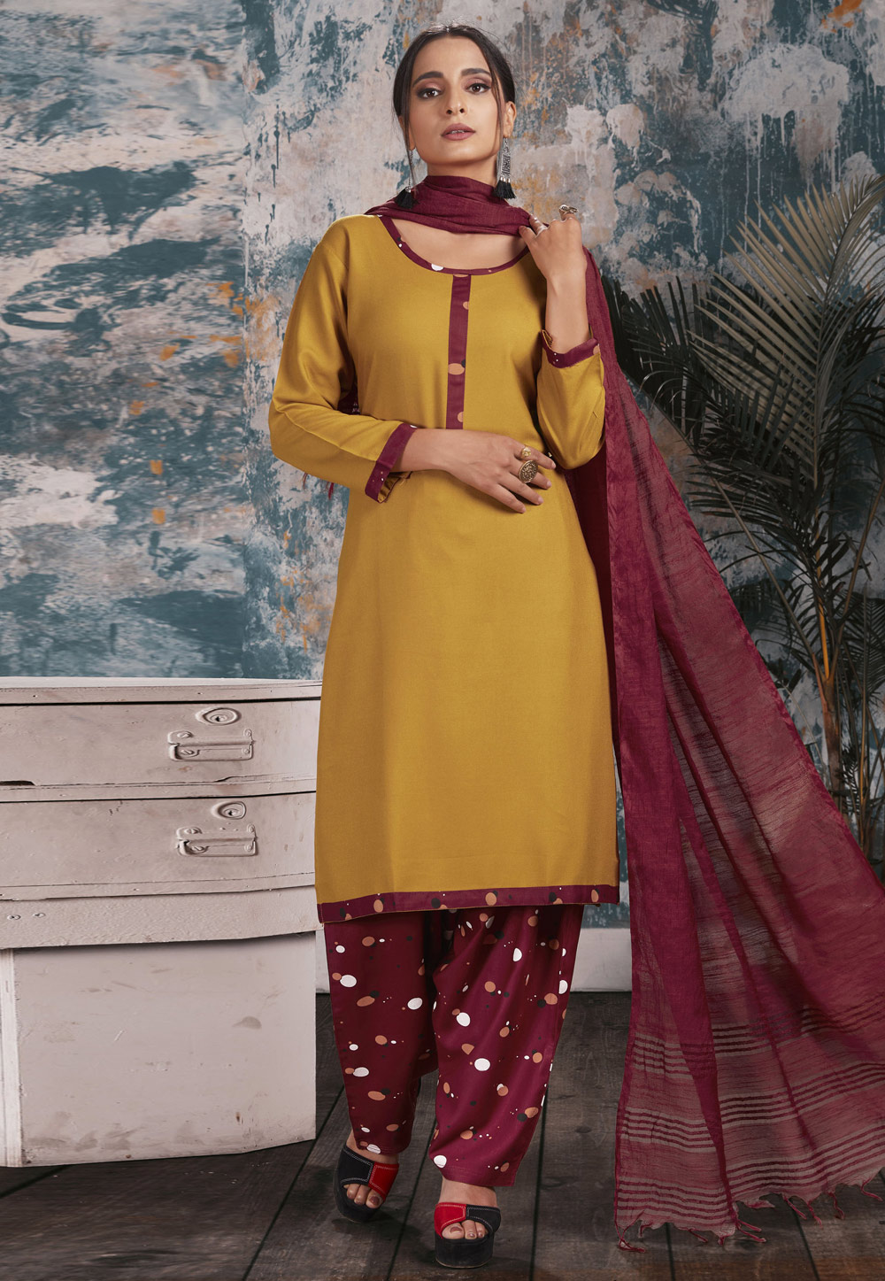 Mustard Rayon Readymade Punjabi Suit 233861