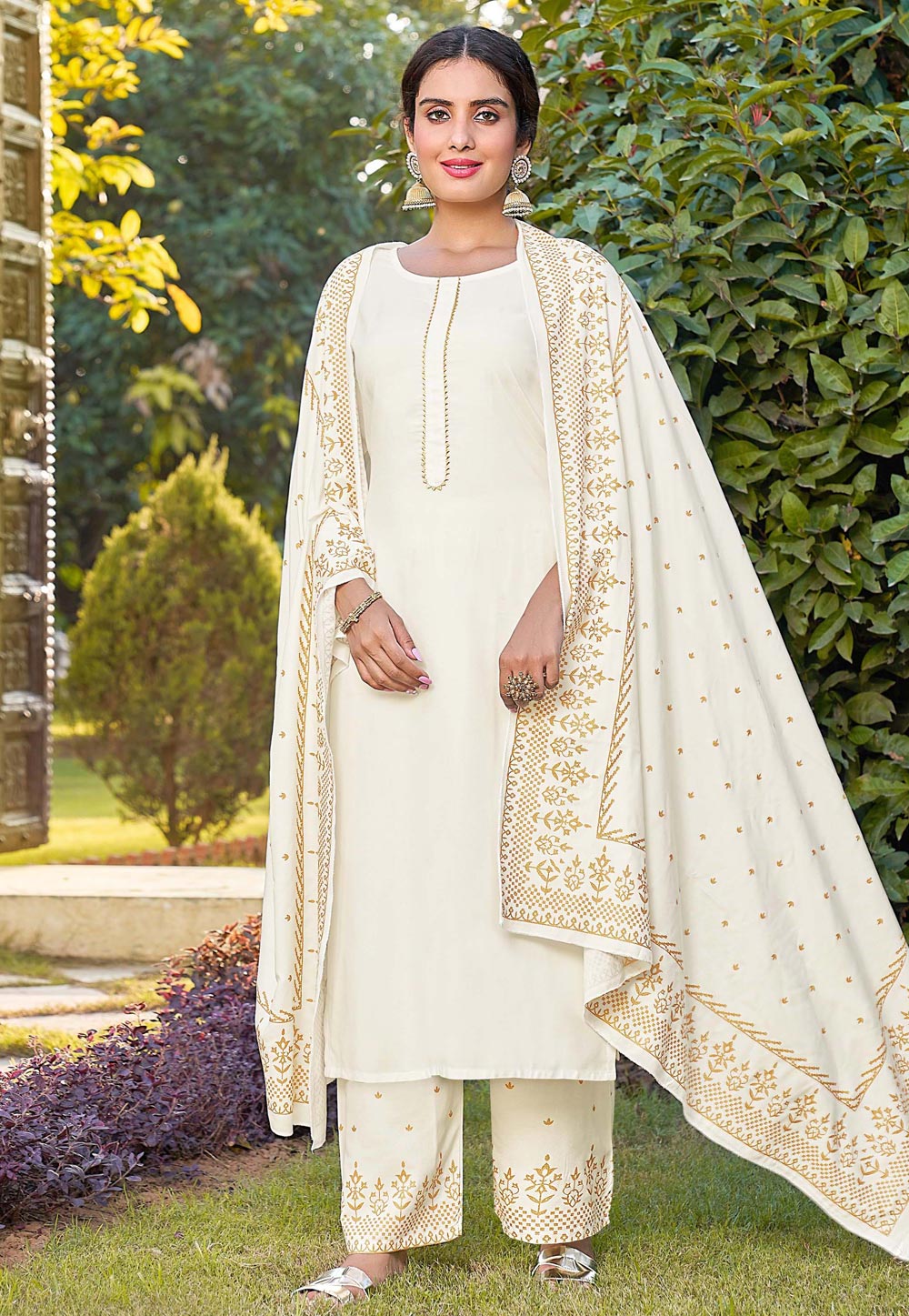 Off White Rayon Readymade Kameez With Palazzo 233868