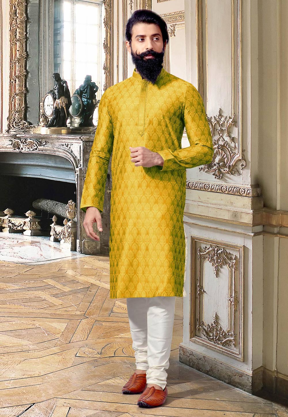 Yellow Jacquard Readymade Kurta Pajama 195758