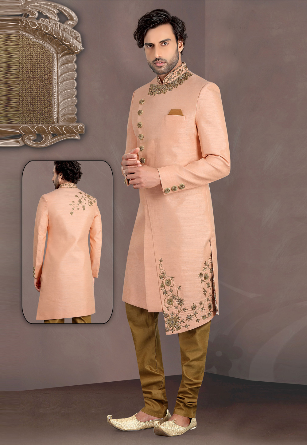 Peach Silk Indo Western Suit 233717