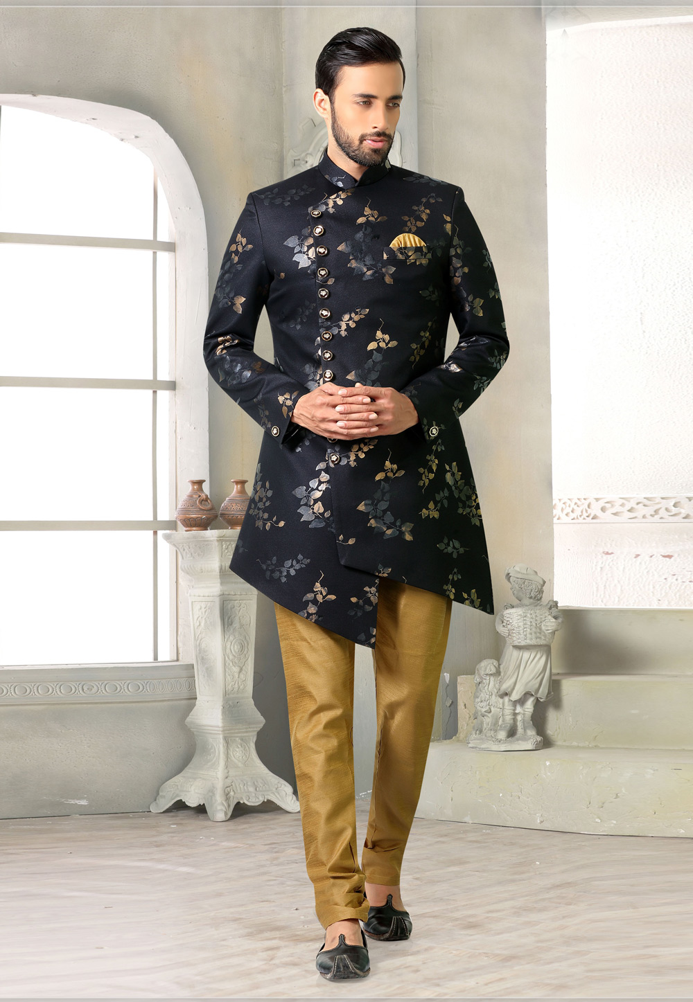 Navy Blue Rayon Indo Western Suit 233718
