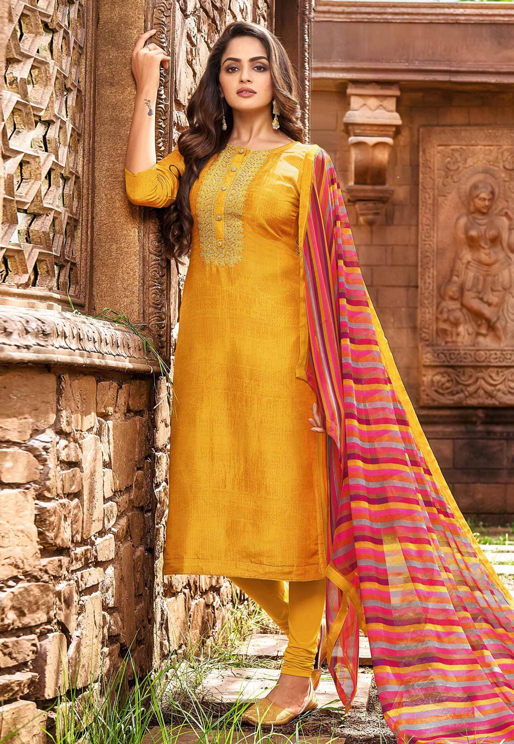 Yellow Chanderi Cotton Churidar Suit 234167