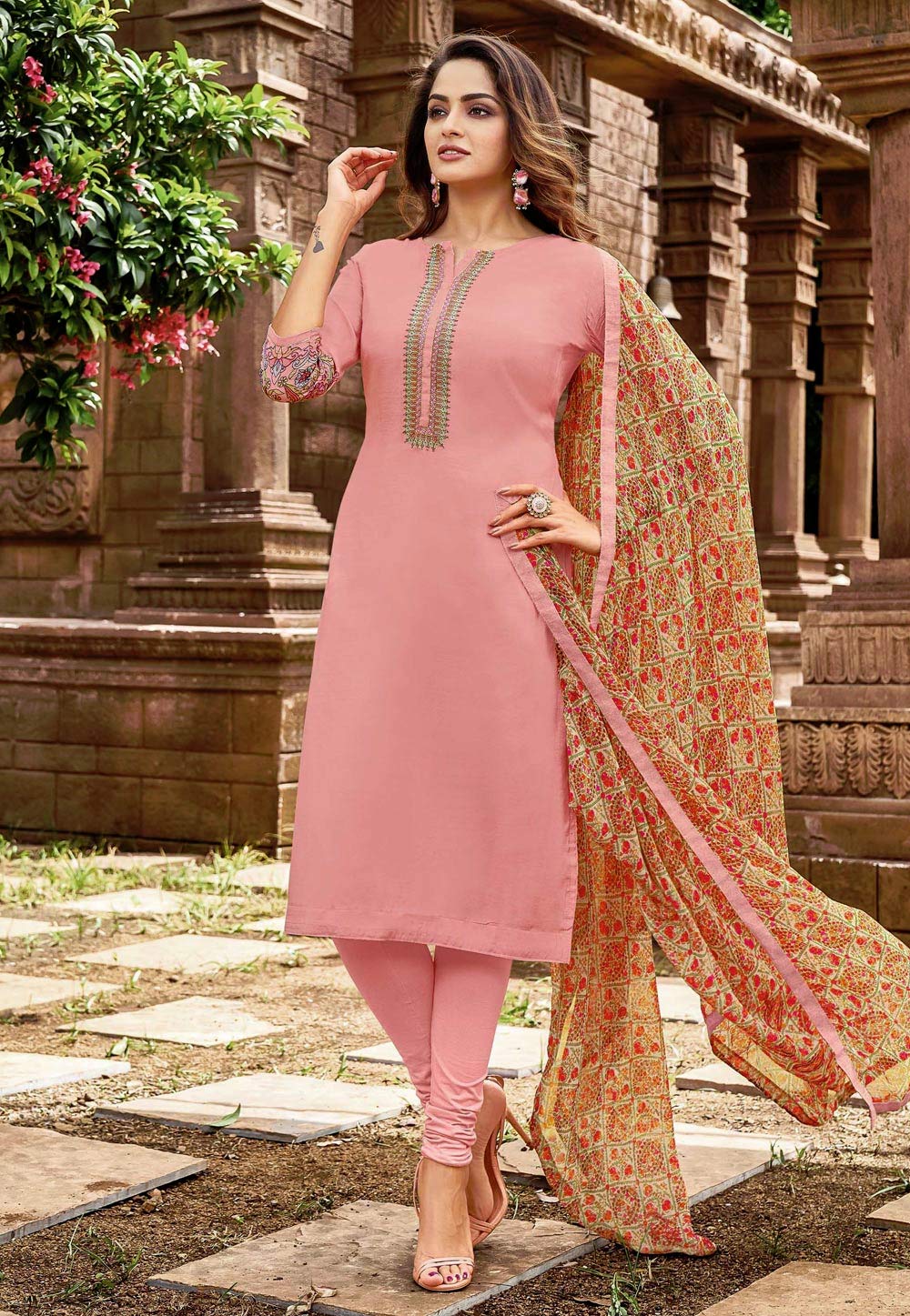 Pink Chanderi Cotton Churidar Suit 234175