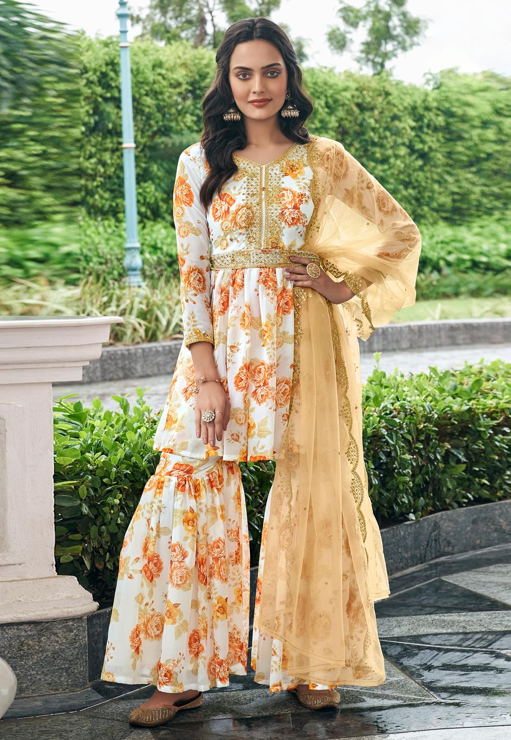 Off White Faux Georgette Sharara Suit 247687