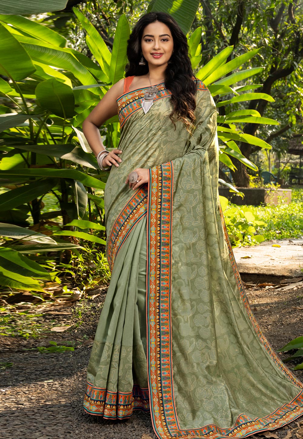 Olive Green Chanderi Silk Saree With Blouse 231181